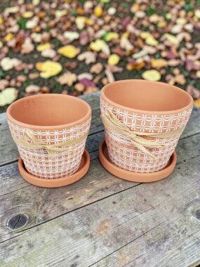 Set Of 2 Vintage Style Terracotta Planting Pots With Matching Saucer